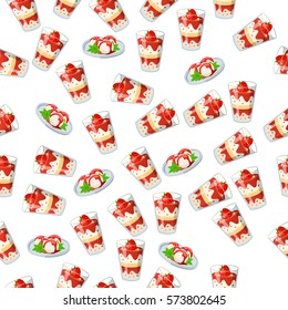 Very high quality original trendy seamless pattern with strawberry and mint ice cream in a glass