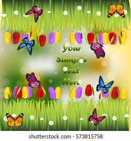 Very high quality original trendy illustration of grass with flowers, tulip and butterfly frame for text or card