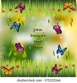 Very high quality original trendy illustration of grass with flowers and butterfly frame for text or card