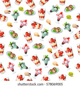 Very high quality original trendy seamless pattern with strawberry, cherry and mint ice cream in a glass