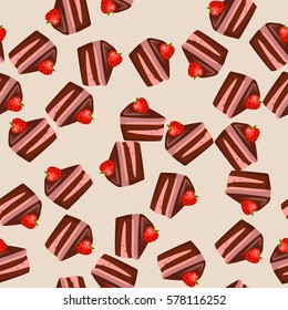 Very high quality original trendy vector seamless pattern with a strawberry chocolate cake