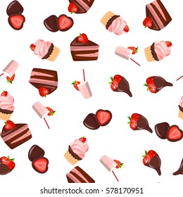 Very high quality original trendy vector seamless pattern with a strawberry in chocolate and milkshake