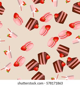 Very high quality original trendy vector seamless pattern with tasty strawberry macaroon cookie and milkshake