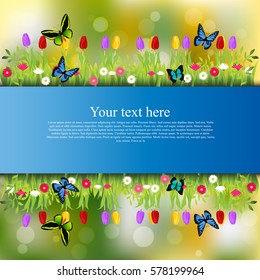 Very high quality original trendy banner with grass, flowers, chamomile, Tulip and butterfly