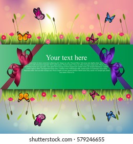 Very high quality original trendy banner with grass, chamomile, butterfly and realistic ribbon