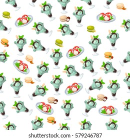 Very high quality original trendy seamless pattern with strawberry and mint ice cream in a glass