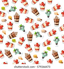 Very high quality original trendy seamless pattern with chocolate, strawberry, and mint ice cream in a glass