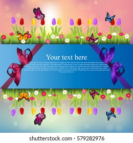 Very high quality original trendy banner with grass, chamomile, Tulip and butterfly and realistic ribbon