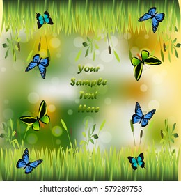 Very high quality original trendy illustration of grass with flowers and butterfly frame for text or card