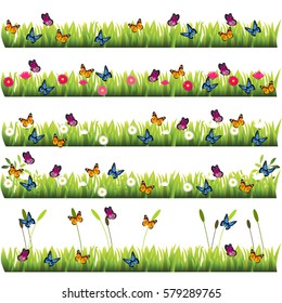 Very high quality original trendy set of grass with flowers and butterflies