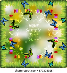 Very high quality original trendy illustration of grass with flowers, tulip and butterfly frame for text or card