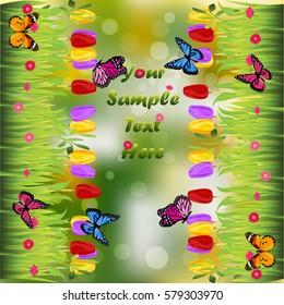 Very high quality original trendy illustration of grass with flowers, tulip and butterfly frame for text or card