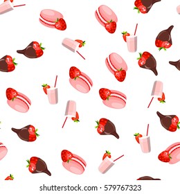 Very high quality original trendy vector seamless pattern with a strawberry in chocolate and macaroons