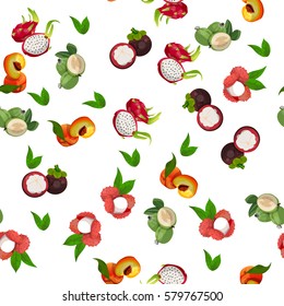 Very high quality original trendy vector seamless pattern with pitaya, peach, feijoa, dragon fruit, exotic tropical fruit