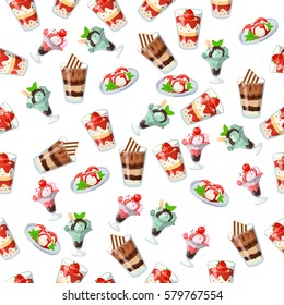 Very high quality original trendy seamless pattern with strawberry, cherry and mint ice cream in a glass