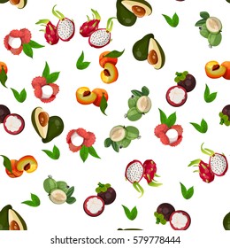 Very high quality original trendy vector seamless pattern with pitaya, peach, feijoa, dragon fruit, exotic tropical fruit