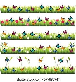 Very high quality original trendy set of grass with flowers and butterflies