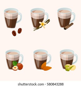 Very high quality original trendy vector set with vanilla, cinnamon, hazelnut, almonds hot chocolate cups