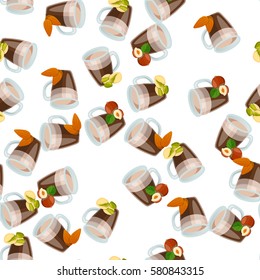 Very high quality original trendy vector seamless pattern with hazelnut, almonds, and pistachio hot chocolate cup