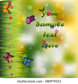 Very high quality original trendy illustration of grass with flowers and butterfly frame for text or card