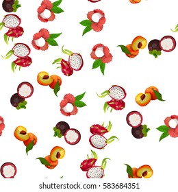 Very high quality original trendy vector seamless pattern with pitaya, peach, mangosteen, lychee, dragon fruit, exotic tropical fruit