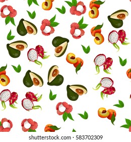 Very high quality original trendy vector seamless pattern with pitaya, peach, lychee, dragon fruit, exotic tropical fruit