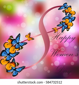 Very high quality original trendy vector illustration of 8 March International Women Day Greeting Card With Butterfly on colorful background