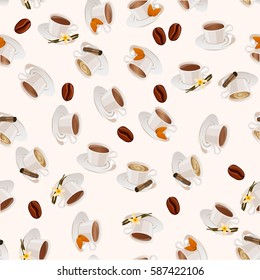 Very high quality original trendy vector seamless pattern with almonds , vanilla and cinnamon hot chocolate cup
