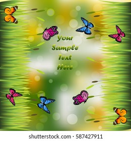 Very high quality original trendy illustration of grass with flowers and butterfly frame for text or card