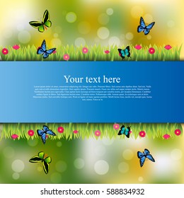 Very high quality original trendy banner with grass, flowers, chamomile and butterfly