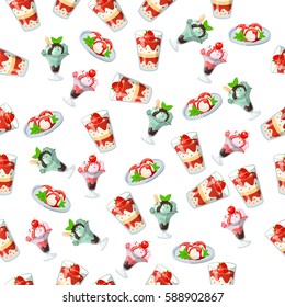 Very high quality original trendy seamless pattern with strawberry, cherry and mint ice cream in a glass