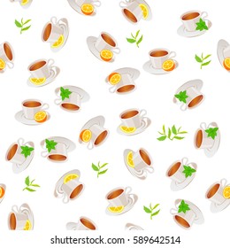 Very high quality original trendy vector seamless pattern tea cup with mint and orange, lemon