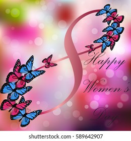 Very high quality original trendy vector illustration of 8 March International Women Day Greeting Card With Butterfly on colorful background