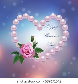 Very high quality original trendy vector illustration of 8 March International Women Day Greeting Card With pearl heart and rose on colorful background