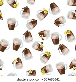 Very high quality original trendy vector seamless pattern with pistachio , vanilla and cinnamon hot chocolate cup