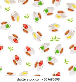 Very high quality original trendy vector seamless pattern tea cup with mint and strawberry, lemon