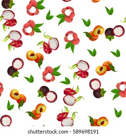 Very high quality original trendy vector seamless pattern with pitaya, peach, mangosteen, lychee, dragon fruit, exotic tropical fruit
