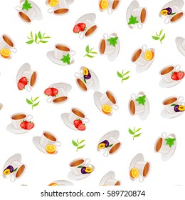 Very high quality original trendy vector seamless pattern tea cup with plum and strawberry, mint, lemon