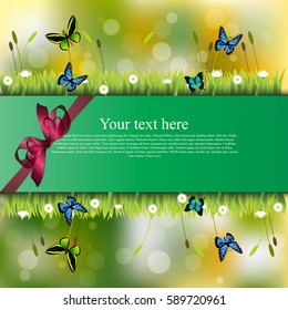 Very high quality original trendy banner with grass, chamomile, butterfly and realistic ribbon