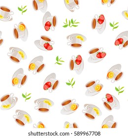 Very high quality original trendy vector seamless pattern tea cup with strawberry and orange, lemon