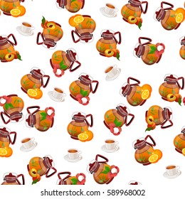Very high quality original trendy vector seamless pattern teapot with peach, orange and lychee tea