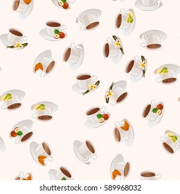 Very high quality original trendy vector seamless pattern with hazelnut, almonds, pistachio and cinnamon hot chocolate cup