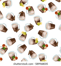 Very high quality original trendy vector seamless pattern with hazelnut, pistachio and cinnamon hot chocolate cup