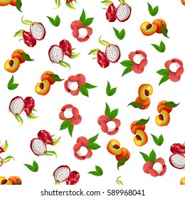 Very high quality original trendy vector seamless pattern with pitaya, peach, lychee, dragon fruit, exotic tropical fruit