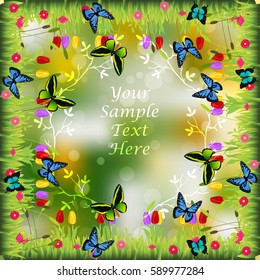 Very high quality original trendy illustration of grass with flowers, tulip and butterfly frame for text or card