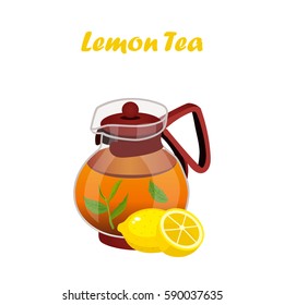 Very high quality original trendy vector illustration of teapot with lemon tea