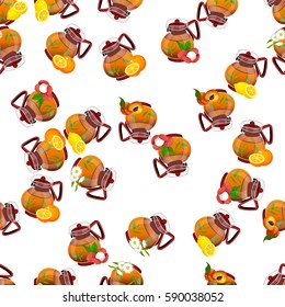Very high quality original trendy vector seamless pattern teapot with peach, orange, lychee and lemon tea