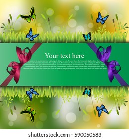 Very high quality original trendy banner with grass, chamomile, butterfly and realistic ribbon