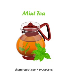 Very high quality original trendy vector illustration of teapot with mint tea