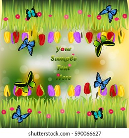 Very high quality original trendy illustration of grass with flowers, tulip and butterfly frame for text or card